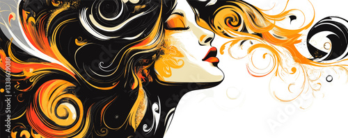 Artistic silhouette of woman with flowing hair and vibrant swirls in black, orange, and white.