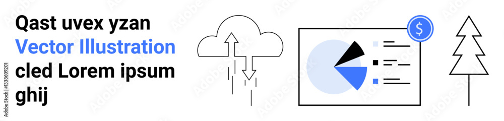 Pie chart with stats representation, dollar sign, rain cloud with arrows indicating weather cycles, and tree. Ideal for statistics, finance, nature, sustainability, weather business simple landing Pie chart with stats representation, dollar sign, rain cloud with arrows indicating weather cycles, and tree. Ideal for statistics, finance, nature, sustainability, weather business simple landing