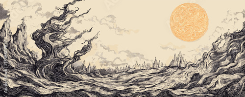 Surreal landscape with twisted trees and swirling sun under cloudy sky in monochrome style.