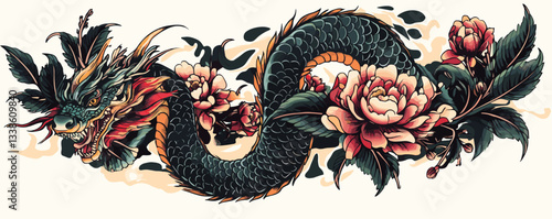 Colorful dragon with flowers: traditional japanese tattoo art with dramatic details.