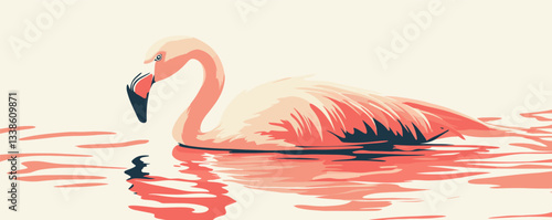 Elegant flamingo gliding gracefully on water with reflection in simplistic art style.