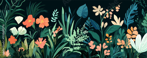 Vibrant tropical foliage with colorful flowers in lush garden landscape.