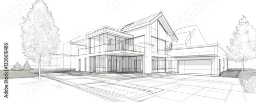 Modern architectural sketch of a two-story house with garage and trees surrounding.
