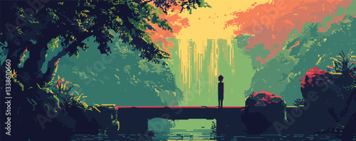 Lush jungle landscape with silhouette person on bridge at sunrise.