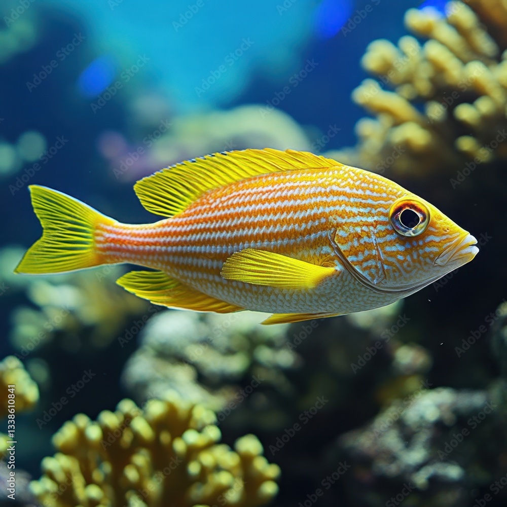 Vibrant yellow striped snapper gliding through tropical coral reef marine life underwater scene aquatic beauty Vibrant yellow striped snapper gliding through tropical coral reef marine life underwater scene aquatic beauty