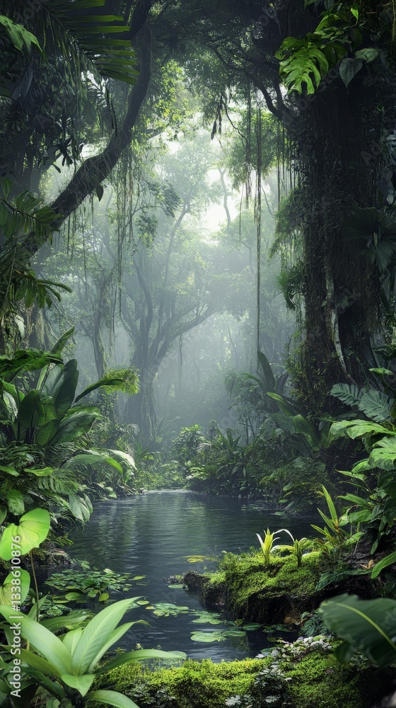 Fototapeta premium Lush green tropical rainforest with dense vegetation and serene river flowing through