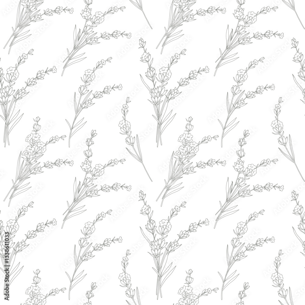 Naklejka premium Floral seamless pattern with Lavender. Lavender background. Eco background. Lavender hand drawn line art design. Elegant seamless background minimalist style