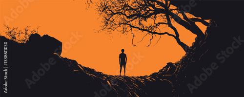 Silhouette of lone child in rocky cave under orange sky with tree branches.