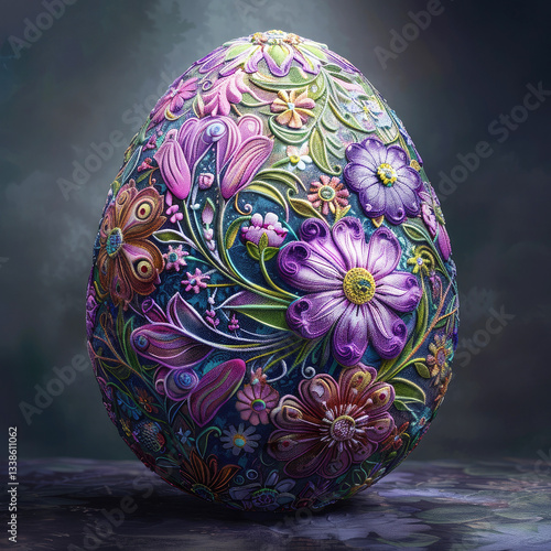 Fantasy Easter egg decorated with beautiful 3d floral patterns. AI generated illustration.