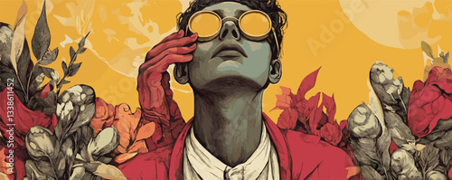 Surreal portrait of confident young man with sunglasses surrounded by vibrant flowers and abstract hands.