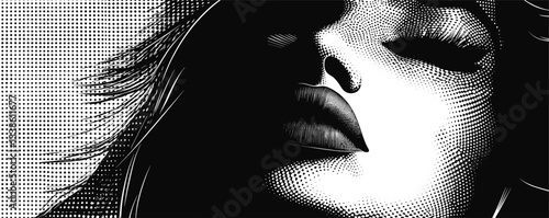 Monochrome pop art portrait of woman with closed eyes and bold lips in high contrast lighting.
