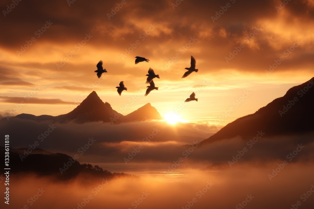Sunrise over mountains with birds flying in the sky amidst vibrant colors Sunrise over mountains with birds flying in the sky amidst vibrant colors