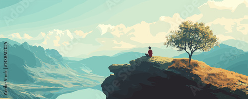 Meditative man on cliff overlooking serene mountain landscape under clear sky.