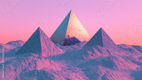 Pink Sunset with Three Pyramids, and Desert.