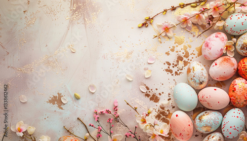 Elegant Easter card with colorful eggs and cherry blossoms on beige textured background. AI generated illustration.