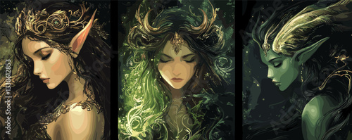 Three enigmatic female elves in dramatic lighting with ornate headpieces in forest setting.