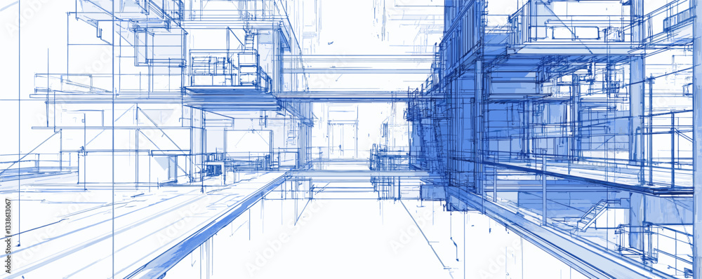 Architectural blueprint of futuristic cityscape with complex wireframe structures. Architectural blueprint of futuristic cityscape with complex wireframe structures.