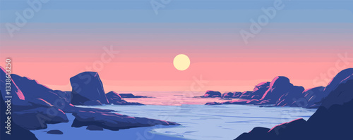 Serene ocean sunset with rocky shoreline and vibrant twilight sky in pastel hues.