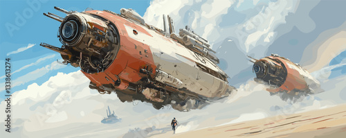 Futuristic spaceships hovering over desert with lone human figure on windy day.
