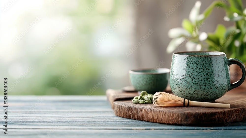 A beautiful display featuring matcha tea in a ceramic cup alongside a bamboo whisk and matcha stones, set against a vibrant, green backdrop that exudes tranquility. A beautiful display featuring matcha tea in a ceramic cup alongside a bamboo whisk and matcha stones, set against a vibrant, green backdrop that exudes tranquility.