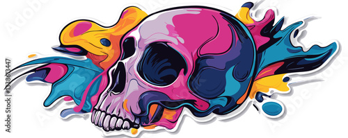 Colorful abstract skull with vibrant paint splash elements in artistic style.