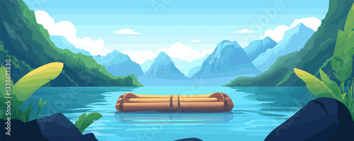 Serene lake with bamboo raft surrounded by lush mountains and clear blue skies.