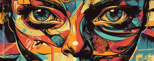 Vibrant abstract street art showing colorful face with intricate patterns and expressive eyes.