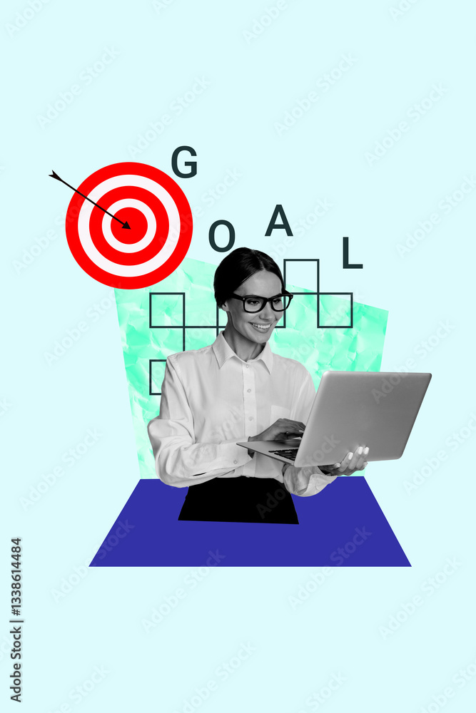 Exclusive image vertical photo collage of happy businesswoman hold laptop target career goal achievement chance progress Exclusive image vertical photo collage of happy businesswoman hold laptop target career goal achievement chance progress