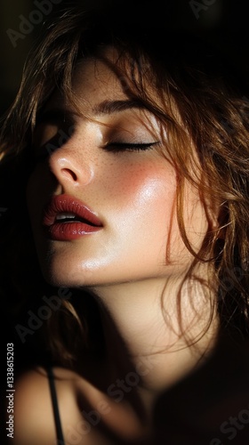 Captivating close up of a beautiful woman with freckles and closed eyes bathed in soft light creating a serene and dreamy mood