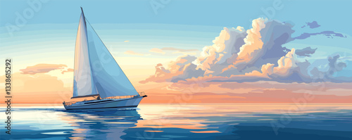Tranquil sailboat at sunset on calm ocean reflecting vibrant sky with clouds.