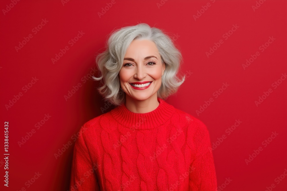 Smiling mature woman in red sweater posing against a vibrant red backdrop Smiling mature woman in red sweater posing against a vibrant red backdrop