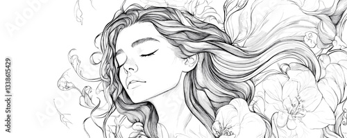 Serene young woman with flowing hair surrounded by floral elements in black and white sketch.