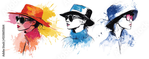 Stylish women in hats and sunglasses: colorful artistic portraits and fashion illustration.