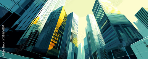 Stunning perspective of modern skyscrapers against a bright sky in urban landscape.
