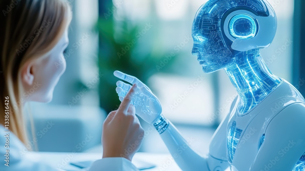 Woman Faces Humanoid Robot For Technological Exchange.