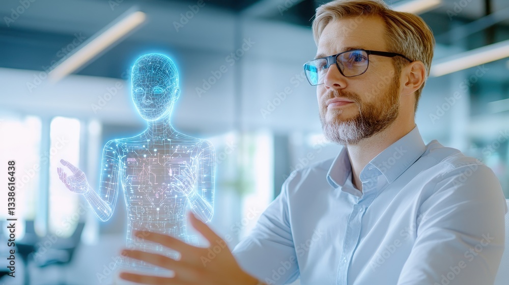 Man Interacts With Digital Holographic Virtual Entity.