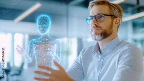 Obraz na płótnie Man Interacts With Digital Holographic Virtual Entity. w salonie