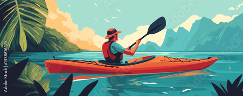 Man kayaking on serene lake with mountain views and lush greenery in vibrant sunset.