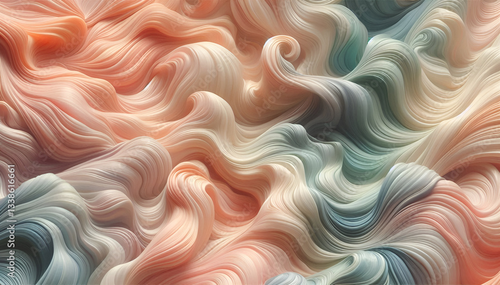 Fototapeta premium Dreamlike Drapes, Pastel Silk in Motion. Fluid waves of silk blending pastel shades of peach, mint, and lilac, evoking softness and refinement. Ai Generative