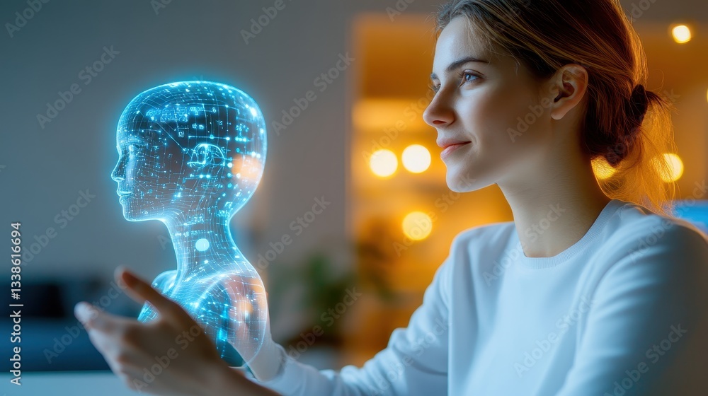 Woman Smiles At Digital Hologram In Cozy Setting