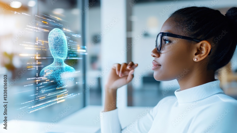 Woman Viewing Futuristic Holographic Avatar Interface