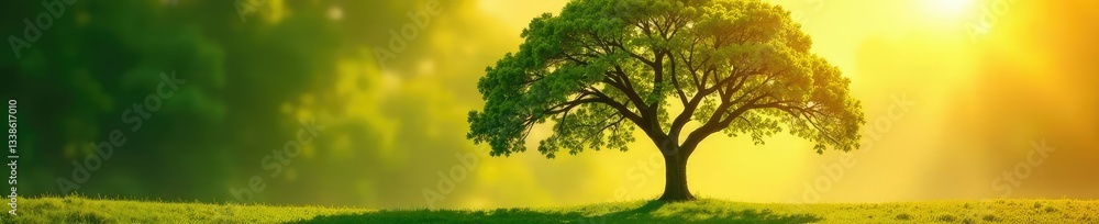 The lone tree is bathed in warm sunlight filtering through leaves, leafy, natural The lone tree is bathed in warm sunlight filtering through leaves, leafy, natural