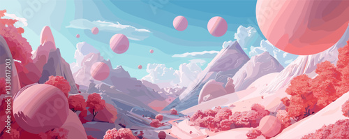 Surreal landscape with floating spheres and pink trees in a dreamlike valley.