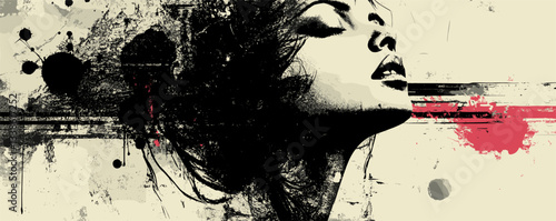 Abstract portrait of a woman in black and white with red accents, grunge style art.