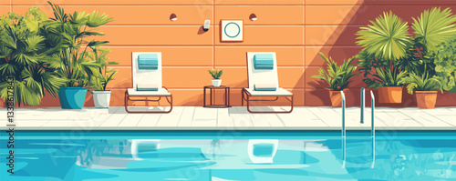 Tranquil poolside area with two lounge chairs and lush greenery on sunny day.