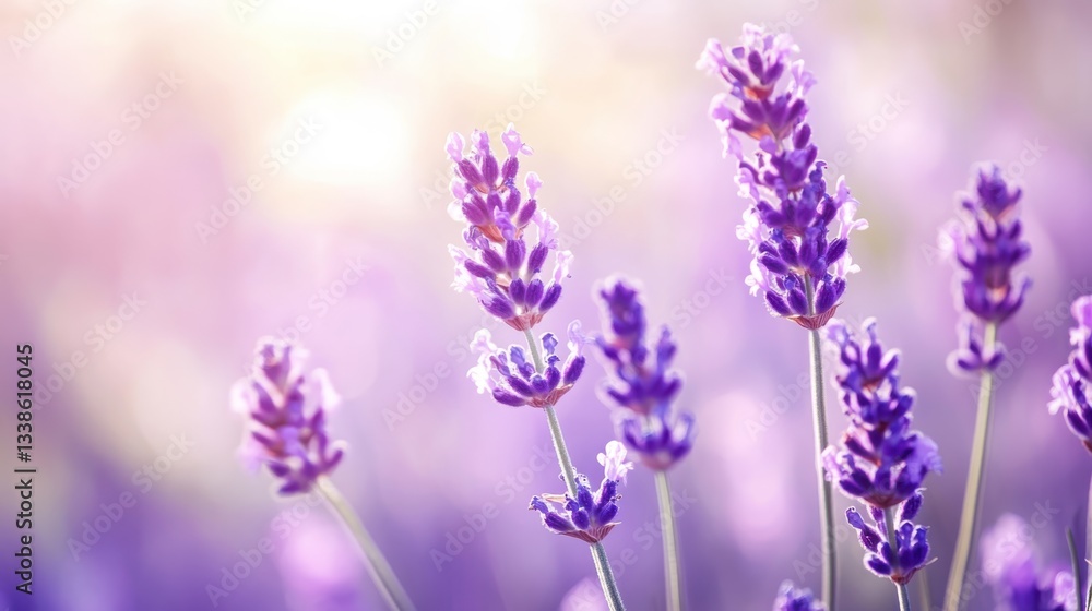 Naklejka premium Blooming lavender in a field in Provence. Fantastic summer mood, floral sunset landscape of meadow lavender flowers. Peaceful bright and relaxing nature scenery.