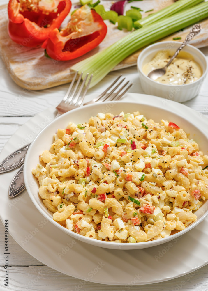 macaroni salad with celery, eggs, red bell pepper macaroni salad with celery, eggs, red bell pepper