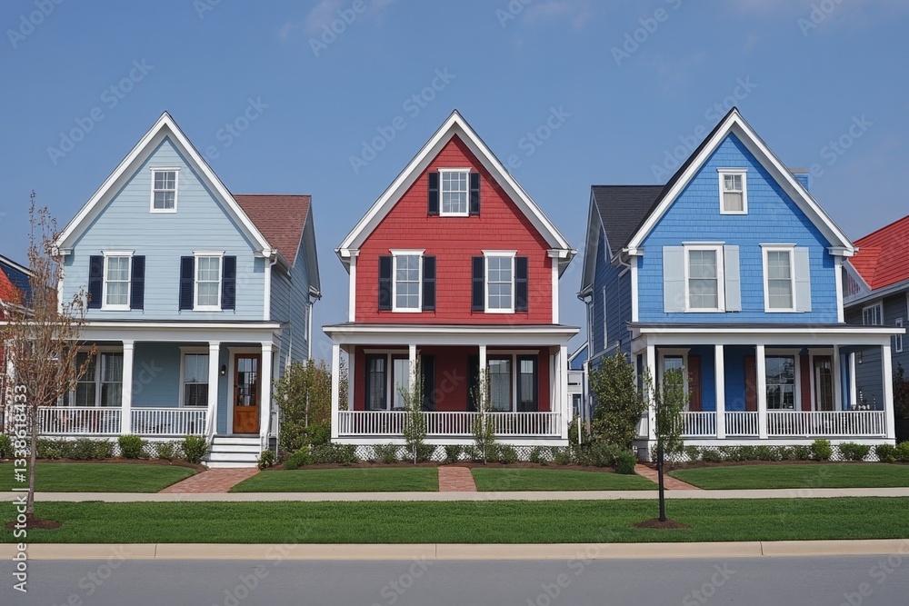 Obraz premium Colorful houses lining a suburban street in bright daylight showcase unique architectural styles and vibrant colors