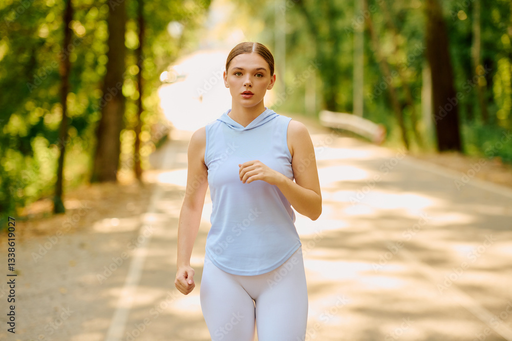 Running through a sunlit forest path, a young woman embraces her athletic journey Running through a sunlit forest path, a young woman embraces her athletic journey