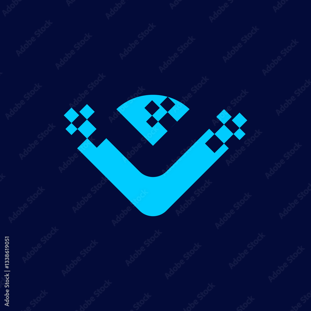 Obraz premium Abstract Blue Pixelated Letter V Logo Design